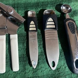 Kitchen Tools.....Manuel Can opener, Small Melon Scoop, TableSpoon, Teaspoon